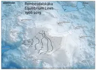 A topographical map showing the Rembesdalskåka outlet glacier of Hardangerjøkulen ice cap in Norway. Elevation is depicted by gray contours and a colour ramp from dark blue (low) to white (high). Within Hardangerjøkulen, a dashed line denotes the extent of Rembesdalskåka. Across which are several black lines, each one with a year label (from lowest elevation to highest: 1989, 1993, 2000, 1973, 2017, 1991, 1985, 2019, 1966). Around the edge of the ice cap several mountain peaks are labelled. A scale bar in the top right indicates that the whole map is ~20 km across. Several lakes are shown in a dark blue. The title / legend in the bottom left reads: 'Rembesdalskåka Equilibrium Line'. Credits along the bottom read: 'by:tlohde / Copernicus Global DEM (ESA) / Raup et al., (2007) The GLIMS Geospatial Glacier Database / Fluctuations of Glaciers Database, World Glacier Monitoring Service / OpenStreetMap contributors'