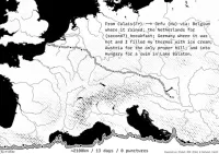 A black and white map of Western Europe. The oceans are black, as are the lakes, and rivers. The land is white, with some black stipples denoting the areas of higher ground. Country borders are not shown. Text in the upper right reads: 'From Calais (Fr) --> Orfu (Hu) via: Belgium where it rained; the Netherlands for (second?) breakfast; Germany where it was hot and I filled my thermos with ice cream; Austria for the only proper hill; and into Hungary for a swim in Lake Balaton.' The route taken is shown, along with the elevation profile of the route along the bottom of the image. At the bottom the text reads: '~2100 km / 13 days / 0 punctures' with credits: 'by tlohde / Copernicus Global DEM (ESA) & Natural Earth'