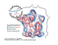 Minimalistic map of France, showing a series of nested contour lines in blue and red. Blue contours represented the density of bakeries; red farms. Above the main plot, the longitudinal distribution of bakeries and farms are shown (with a prominent bakery mode inline with Paris), and to the right the latitudinal distributions. The map titled: Croissant Distribution (boulangerie & fermes), and is accompanied by the text: Spatial distribution* of bakeries and farms across France. *kernel density estimate. Image credits: by:tlohde. (C) OpenStreetMap contributors, Font: Borel by Rosalie Wagner. The font is nice and cursive