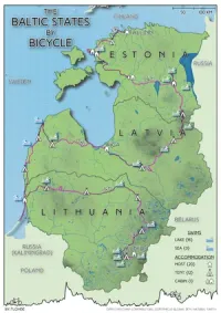 Map of the Baltic States, with a meandering route drawn on. A route is drawn in pink: Tallinn, Vormsi Island, Tartu, Suur Munamägi, Gulbene, Jekabpils, Riga, Kuldiga, Liepāja, Curonian Spit, Šiauliai, Trakai, Vilnius