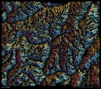 On a black background are many many, small wiggly lines, the lines are coloured by the direction in which they go, using a circular colour map. If you know that the lines depict where water would flow over a landscape, and that the colours correspond to the direction, one can see how this does resemble terrain, with lower elevations and river valleys depicted as empty space, and ridges are where the lines of different colours meet. It is messy and quite abstract
