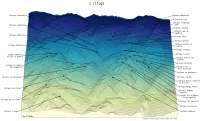 a ridgeplot style map, showing the topography of the Parco Naturale dell'Adamello-Brenta, with a smooth colour ramp from pale yellow in the foreground to darker blue in the far-field. Along the right and left edges are names of Rifugi (mountain huts) and lines leading to its location in hills
