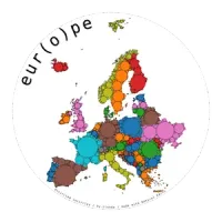 Graphic representation of Europe. The frame is circular, each country is depicted as a series of circles of decreasing size, tightly packed together. The title is: eur(o)pe. Credits at the bottom read: Encircled Incircles / by-tlohde / made with Natural Earth